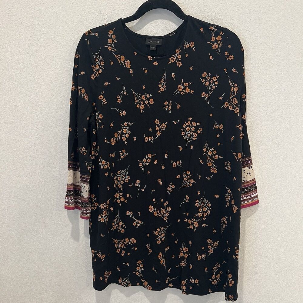 J Jill Wearever Womens Tunic Size Medium Rust Floral 3/4 Sleeve